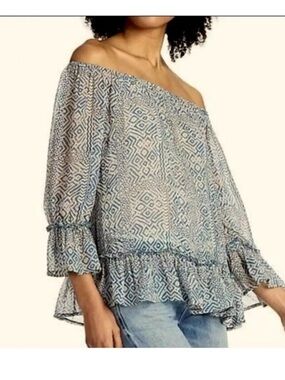 Lucky Brand Blue Geometric Off-Shoulder Ruffle Top
